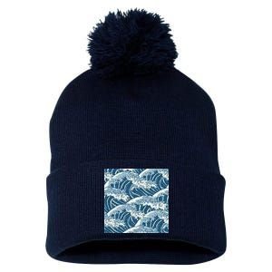 Ocean Wave Pattern Pom Pom 12in Knit Beanie