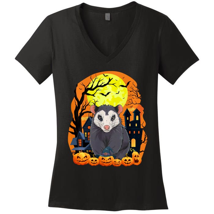 Opossum With Pumpkins Funny Scary Halloween Party Women's V-Neck T-Shirt