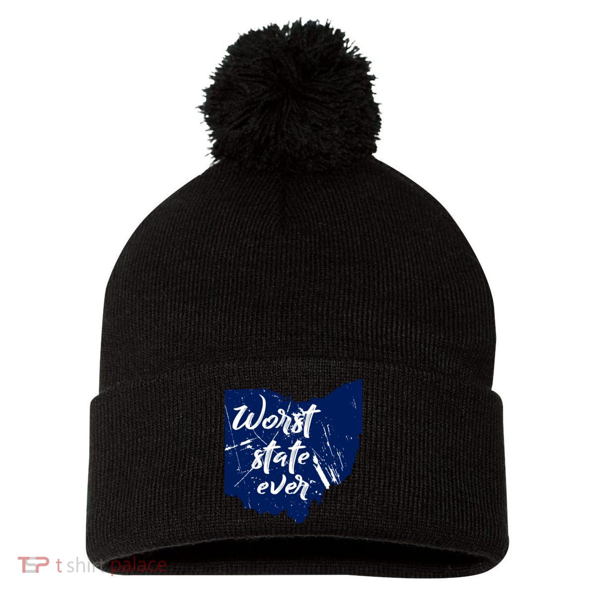 Ohio Worst State Ever Distressed Pom Pom 12in Knit Beanie