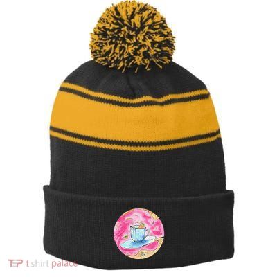 Oolong Whimsical Tea Design Stripe Pom Pom Beanie