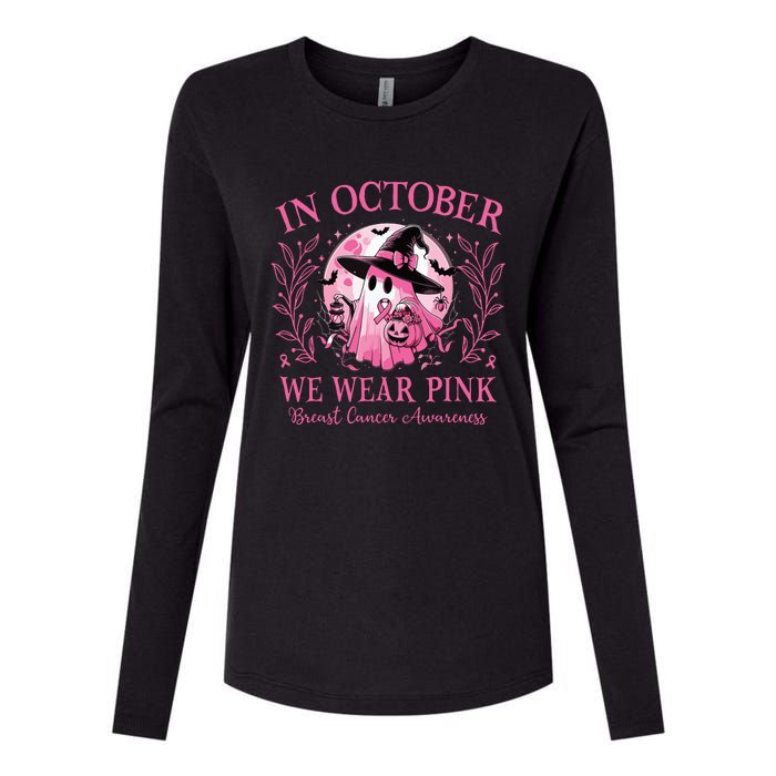 October We Wear Breast Cancer Awareness Halloween Ghost Womens Cotton Relaxed Long Sleeve T-Shirt