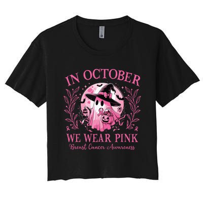 October We Wear Breast Cancer Awareness Halloween Ghost Women's Crop Top Tee