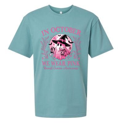 October We Wear Breast Cancer Awareness Halloween Ghost Sueded Cloud Jersey T-Shirt