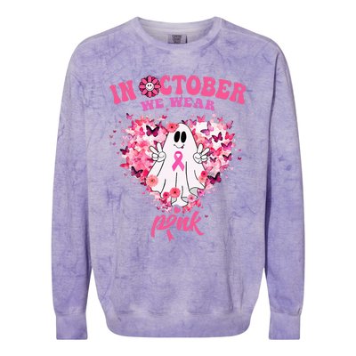 October we Wear Pink Breast Cancer Warrior Ghost Halloween Colorblast Crewneck Sweatshirt