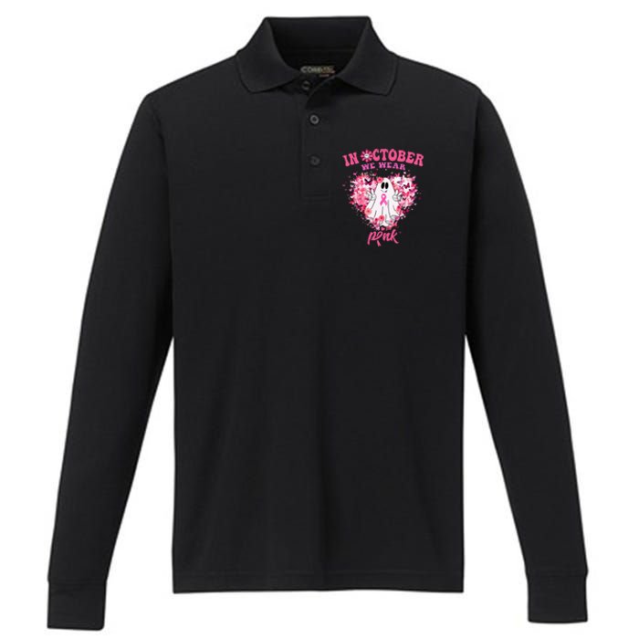 October we Wear Pink Breast Cancer Warrior Ghost Halloween Performance Long Sleeve Polo