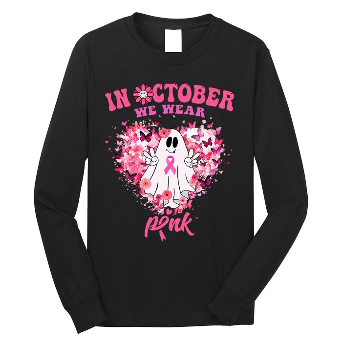 October we Wear Pink Breast Cancer Warrior Ghost Halloween Long Sleeve Shirt