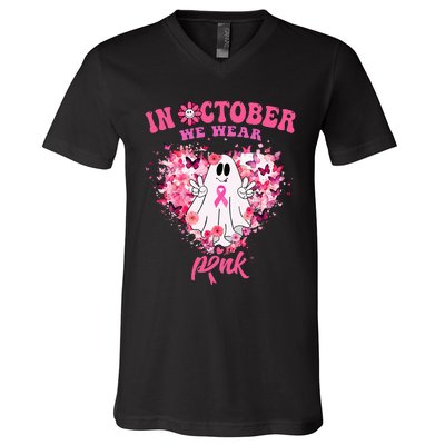 October we Wear Pink Breast Cancer Warrior Ghost Halloween V-Neck T-Shirt