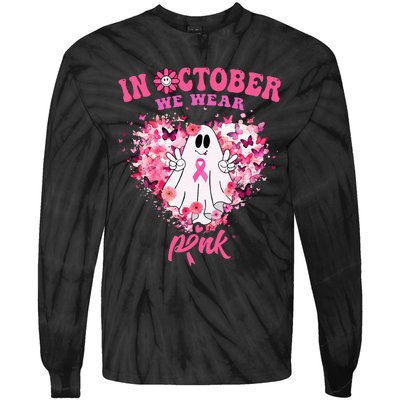 October we Wear Pink Breast Cancer Warrior Ghost Halloween Tie-Dye Long Sleeve Shirt