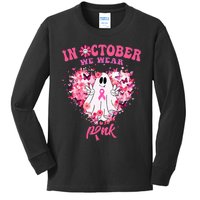 October we Wear Pink Breast Cancer Warrior Ghost Halloween Kids Long Sleeve Shirt