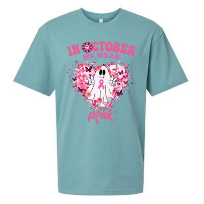 October we Wear Pink Breast Cancer Warrior Ghost Halloween Sueded Cloud Jersey T-Shirt