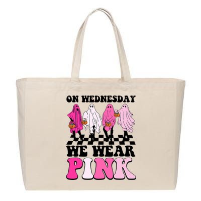 On Wednesday We Wear Pink Ghost Halloween Breast Cancer Cotton Canvas Jumbo Tote