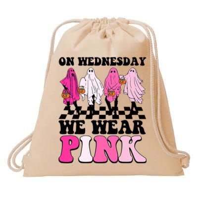 On Wednesday We Wear Pink Ghost Halloween Breast Cancer Drawstring Bag