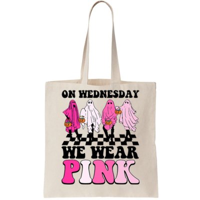 On Wednesday We Wear Pink Ghost Halloween Breast Cancer Tote Bag