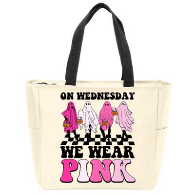 On Wednesday We Wear Pink Ghost Halloween Breast Cancer Zip Tote Bag