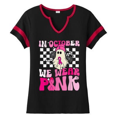 October We Wear Pink Funny Ghost Halloween Breast Cancer Ladies Halftime Notch Neck Tee