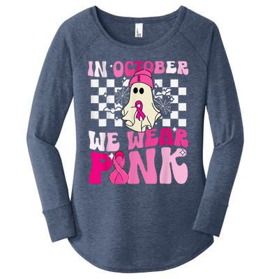 October We Wear Pink Funny Ghost Halloween Breast Cancer Women's Perfect Tri Tunic Long Sleeve Shirt