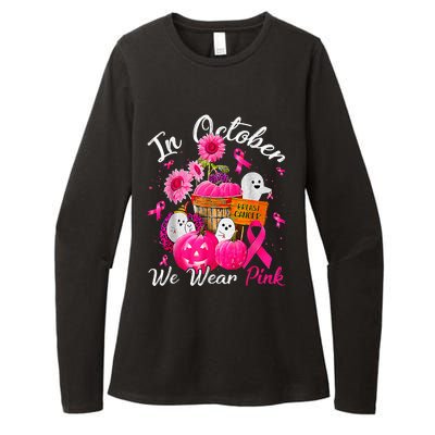 October We Wear Pink Pumpkin Ghost Halloween Breast Cancer Womens CVC Long Sleeve Shirt