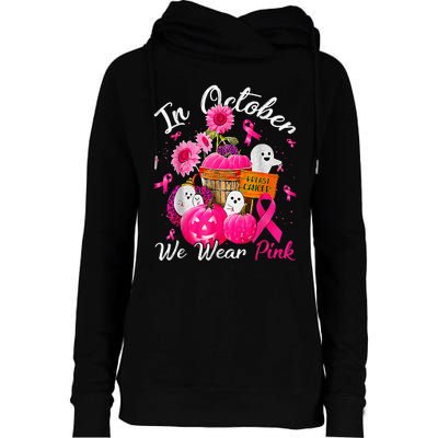 October We Wear Pink Pumpkin Ghost Halloween Breast Cancer Womens Funnel Neck Pullover Hood