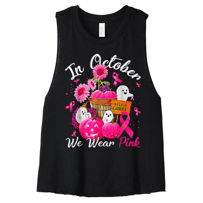 October We Wear Pink Pumpkin Ghost Halloween Breast Cancer Women's Racerback Cropped Tank