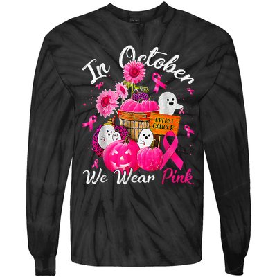 October We Wear Pink Pumpkin Ghost Halloween Breast Cancer Tie-Dye Long Sleeve Shirt