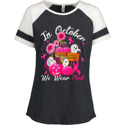 October We Wear Pink Pumpkin Ghost Halloween Breast Cancer Enza Ladies Jersey Colorblock Tee