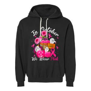 October We Wear Pink Pumpkin Ghost Halloween Breast Cancer Garment-Dyed Fleece Hoodie