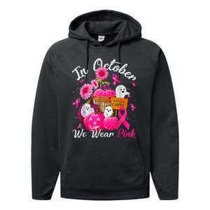 October We Wear Pink Pumpkin Ghost Halloween Breast Cancer Performance Fleece Hoodie