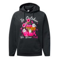 October We Wear Pink Pumpkin Ghost Halloween Breast Cancer Performance Fleece Hoodie