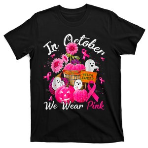 October We Wear Pink Pumpkin Ghost Halloween Breast Cancer T-Shirt