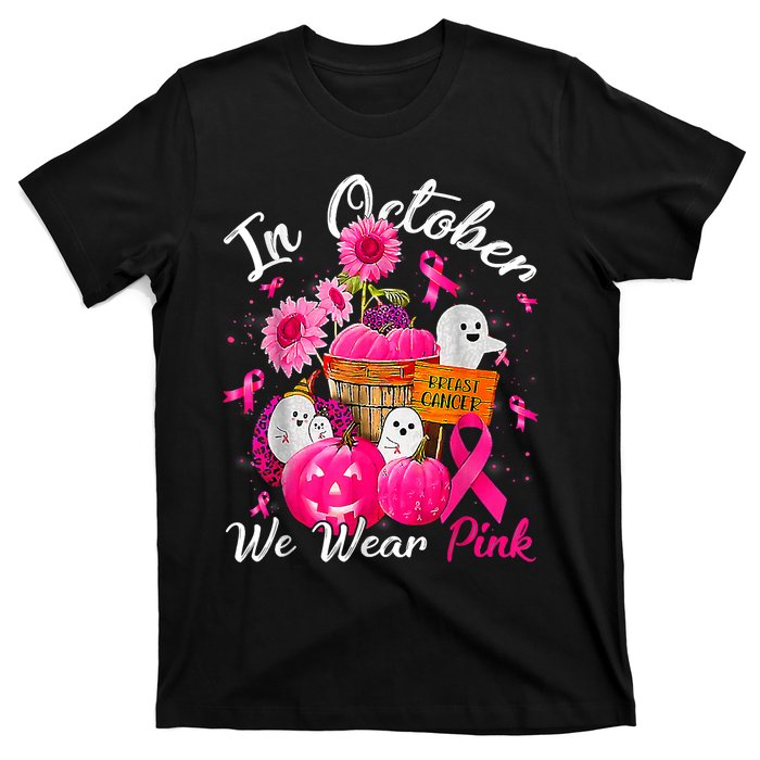 October We Wear Pink Pumpkin Ghost Halloween Breast Cancer T-Shirt