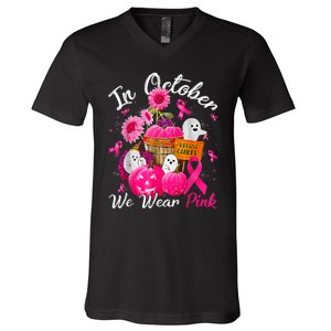 October We Wear Pink Pumpkin Ghost Halloween Breast Cancer V-Neck T-Shirt