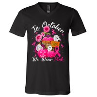 October We Wear Pink Pumpkin Ghost Halloween Breast Cancer V-Neck T-Shirt