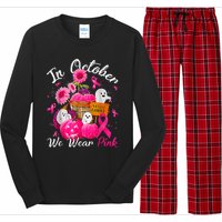 October We Wear Pink Pumpkin Ghost Halloween Breast Cancer Long Sleeve Pajama Set