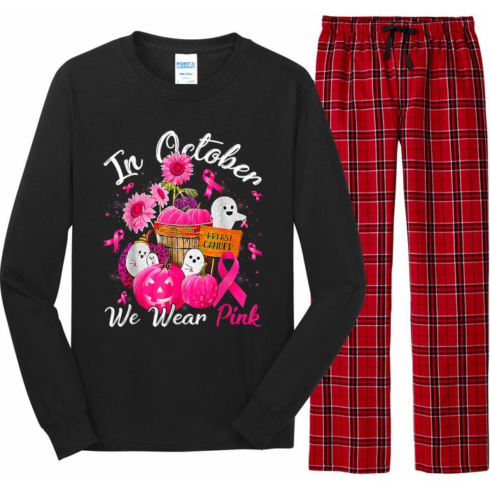 October We Wear Pink Pumpkin Ghost Halloween Breast Cancer Long Sleeve Pajama Set