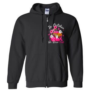 October We Wear Pink Pumpkin Ghost Halloween Breast Cancer Full Zip Hoodie