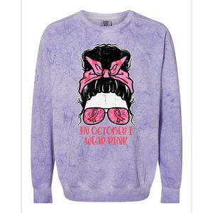 October We Wear Pink Hairbun Breast Cancer Awareness Colorblast Crewneck Sweatshirt