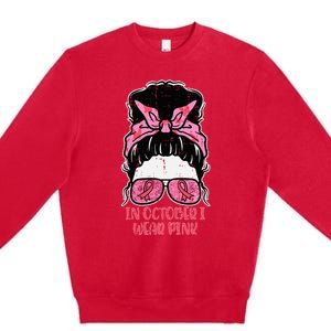 October We Wear Pink Hairbun Breast Cancer Awareness Premium Crewneck Sweatshirt