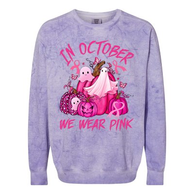 October We Wear Pink Pumpkin Ghost Halloween Breast Cancer Colorblast Crewneck Sweatshirt