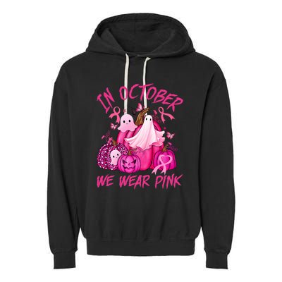 October We Wear Pink Pumpkin Ghost Halloween Breast Cancer Garment-Dyed Fleece Hoodie