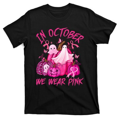 October We Wear Pink Pumpkin Ghost Halloween Breast Cancer T-Shirt