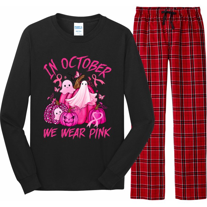 October We Wear Pink Pumpkin Ghost Halloween Breast Cancer Long Sleeve Pajama Set