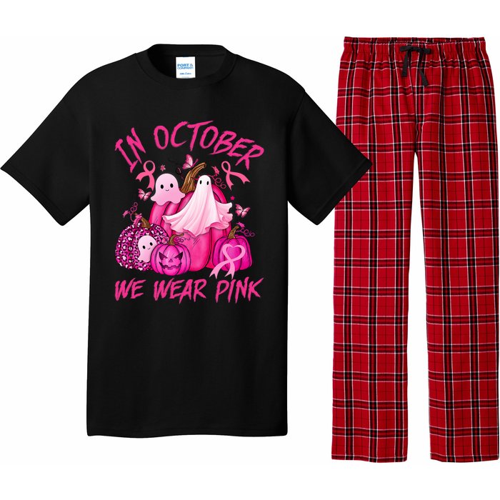 October We Wear Pink Pumpkin Ghost Halloween Breast Cancer Pajama Set