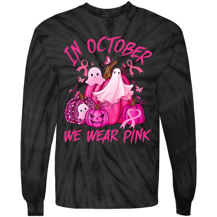 October We Wear Pink Pumpkin Ghost Halloween Breast Cancer Tie-Dye Long Sleeve Shirt