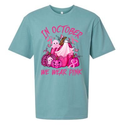 October We Wear Pink Pumpkin Ghost Halloween Breast Cancer Sueded Cloud Jersey T-Shirt