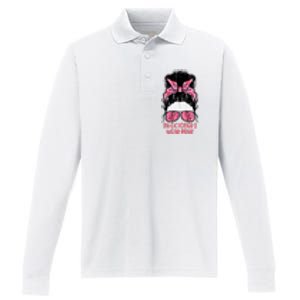 October We Wear Pink Hairbun Breast Cancer Awareness Performance Long Sleeve Polo