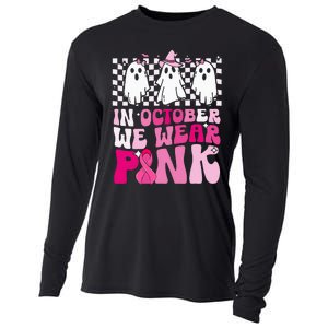 October We Wear Pink Funny Ghost Halloween Breast Cancer Cooling Performance Long Sleeve Crew