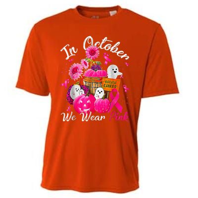 October We Wear Pink Pumpkin Ghost Halloween Breast Cancer Cooling Performance Crew T-Shirt