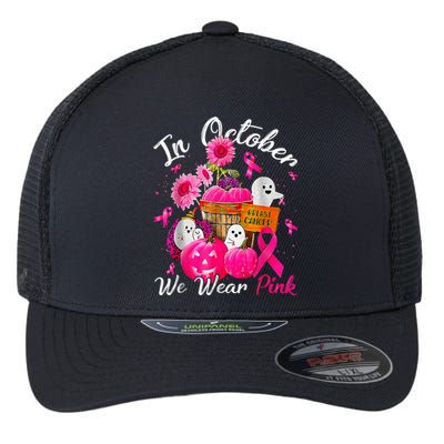 October We Wear Pink Pumpkin Ghost Halloween Breast Cancer Flexfit Unipanel Trucker Cap