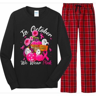 October We Wear Pink Pumpkin Ghost Halloween Breast Cancer Long Sleeve Pajama Set