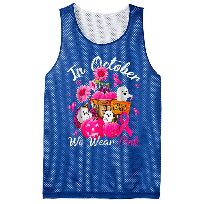 October We Wear Pink Pumpkin Ghost Halloween Breast Cancer Mesh Reversible Basketball Jersey Tank